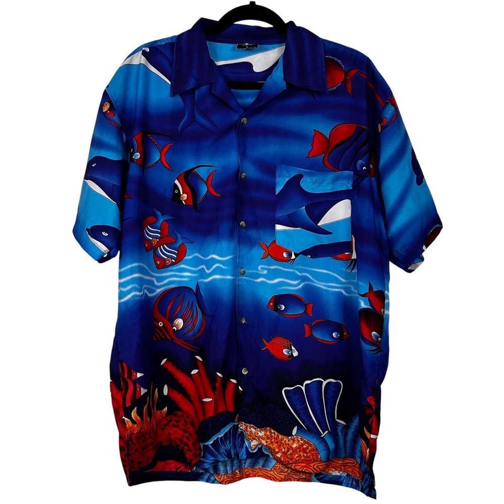 Cromer Resortwear Button Down Shirt Mens L Blue Tropical Fish Dolphin Hawaiian - Picture 2 of 9